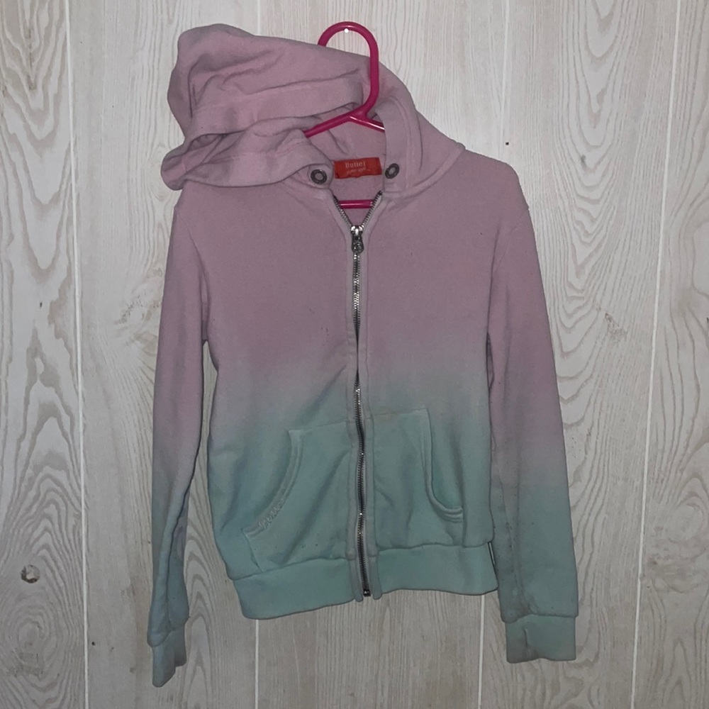 Butter rhinestone sweatshirt w/ hood size 6 pink & light blue